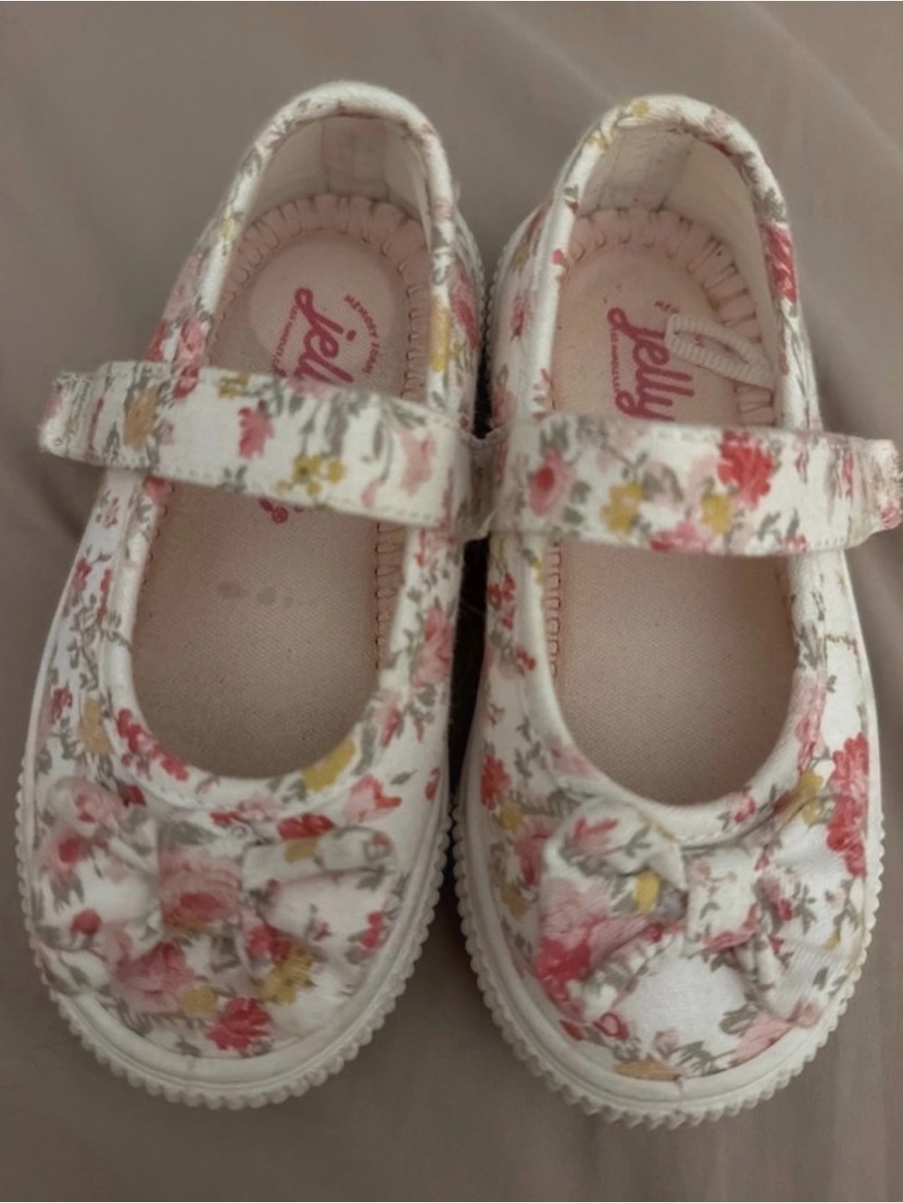 Jellypop White Floral Mary Janes with Pink and Yellow Accents